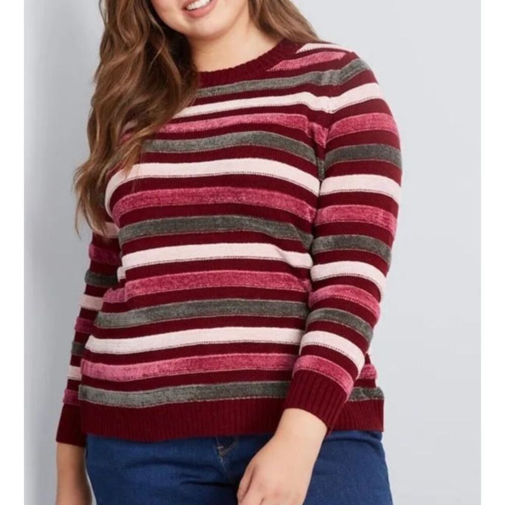 MODCLOTH Duly Noticed Chenille Sweater Red Pink Stripe Plus Size 2X
